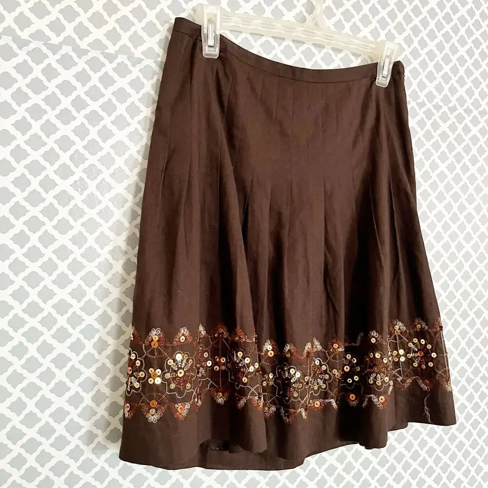 ANN TAYLOR LOFT Petite Brown Pleated Skirt With Sequin Hem, 4P
